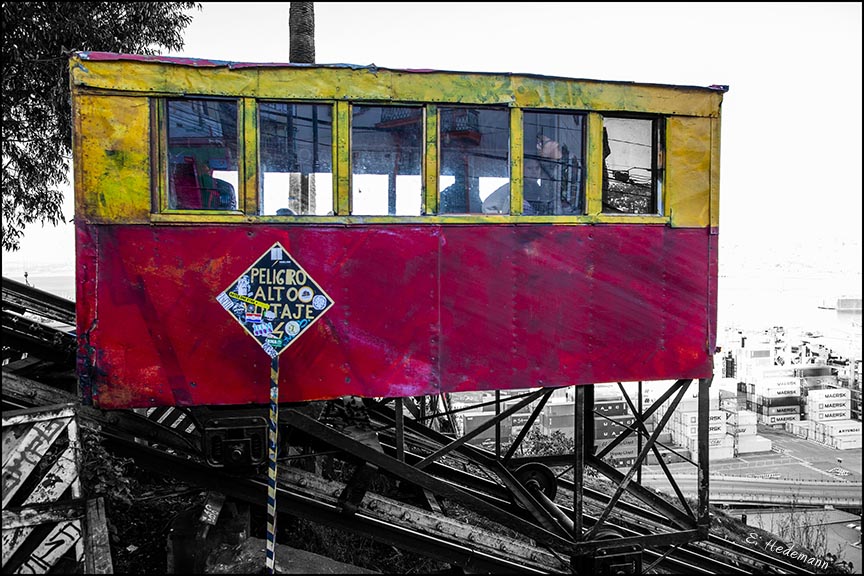 close up of funicular car and warning sign
